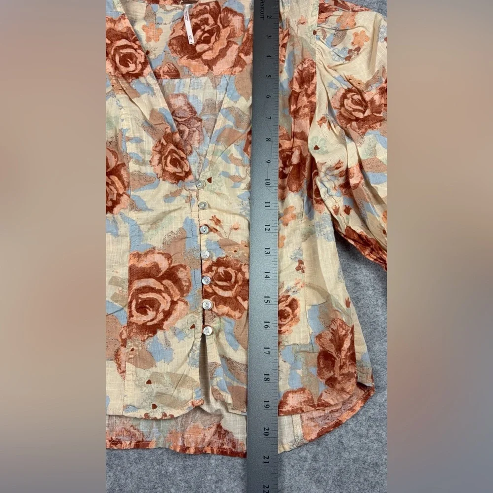 Free People I Found You Printed Top Boho Floral Puff Sleeve Blouse Cream size xs